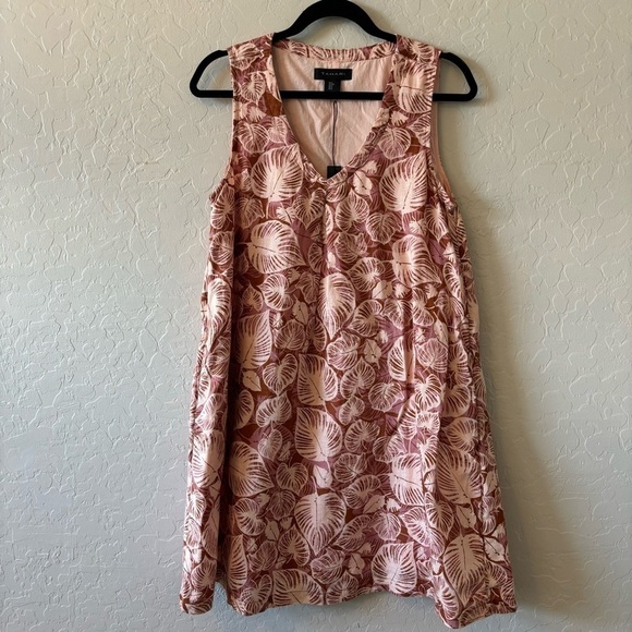 Tahari Pink Leaf Print V-Neck Sleeveless Linen A-Line Dress Pockets Size Small - Picture 7 of 11